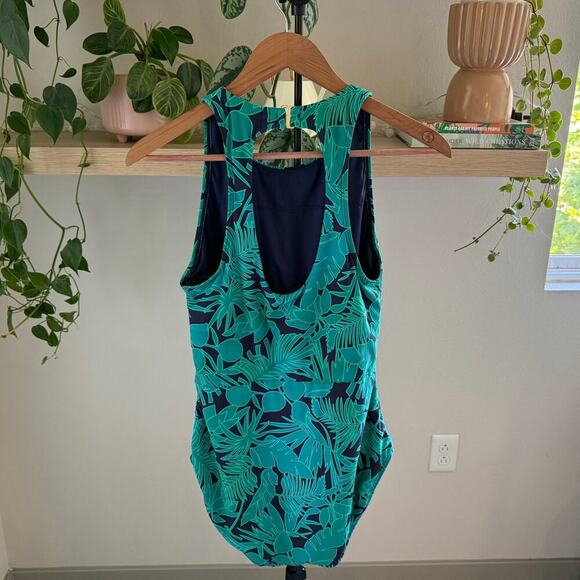 Lands End One Piece Swimsuit L Navy Teal Blue Tropical Racerback Modest Swimwear - Picture 2 of 6